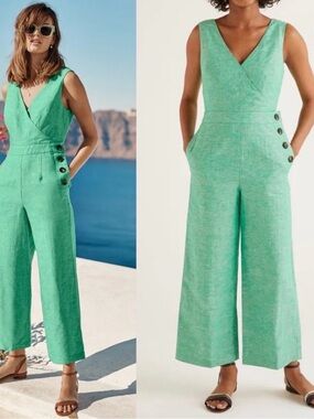 Boden Jumpsuit Women’s Sleeveless V-Neck Wide-Leg Linen Cotton Blend Size 2